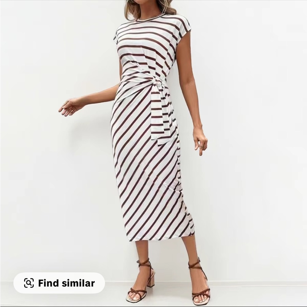 Striped White and Brown Midi Dress